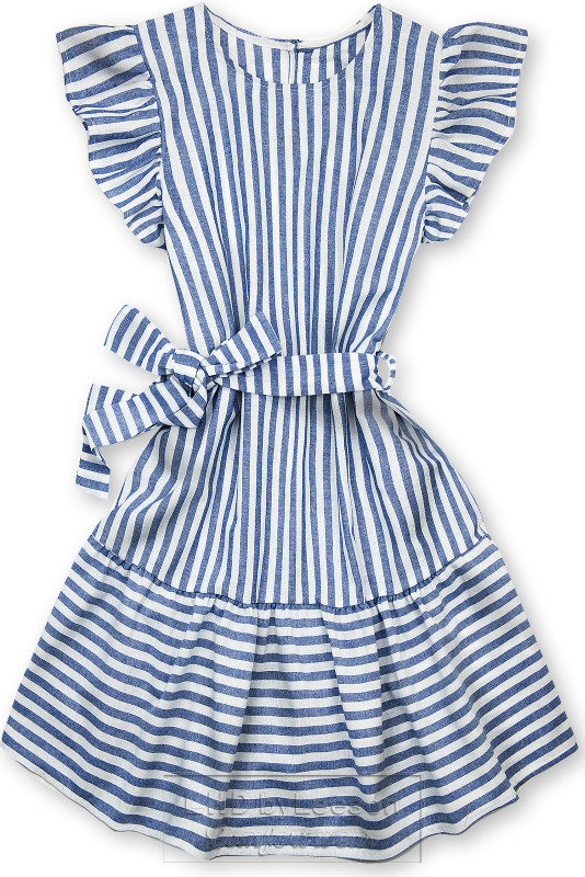 Biało-niebieska sukienka w paski z falbankami