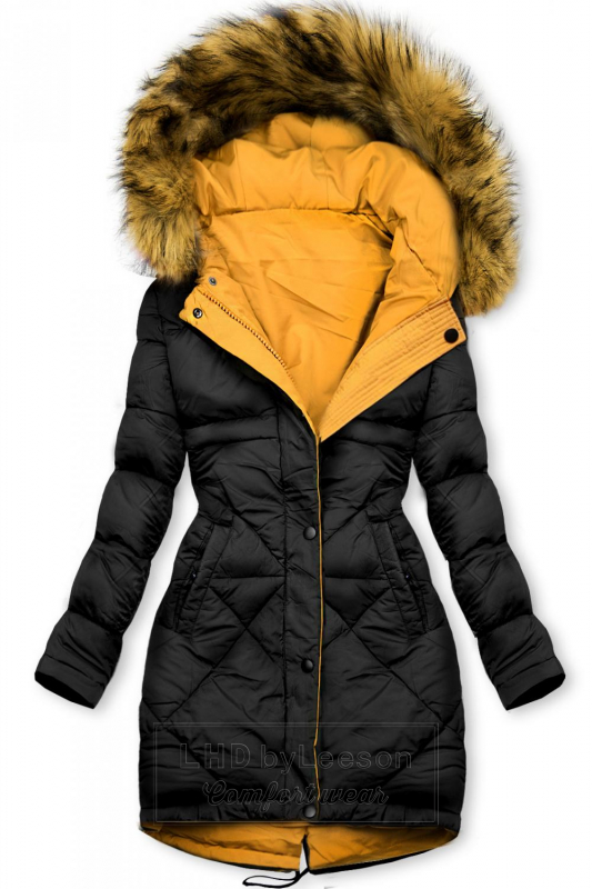 Żółto-czarna zimowa kurtka dwustronna