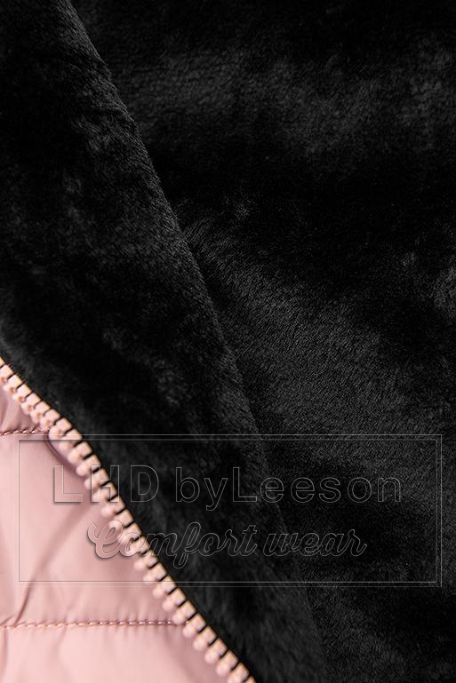Różowa ocieplana czarnym pluszem kurtka z przeszyciami
