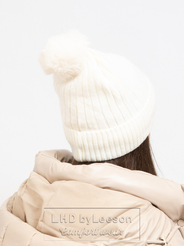 Zimowa ciepła biała czapka z pomponem