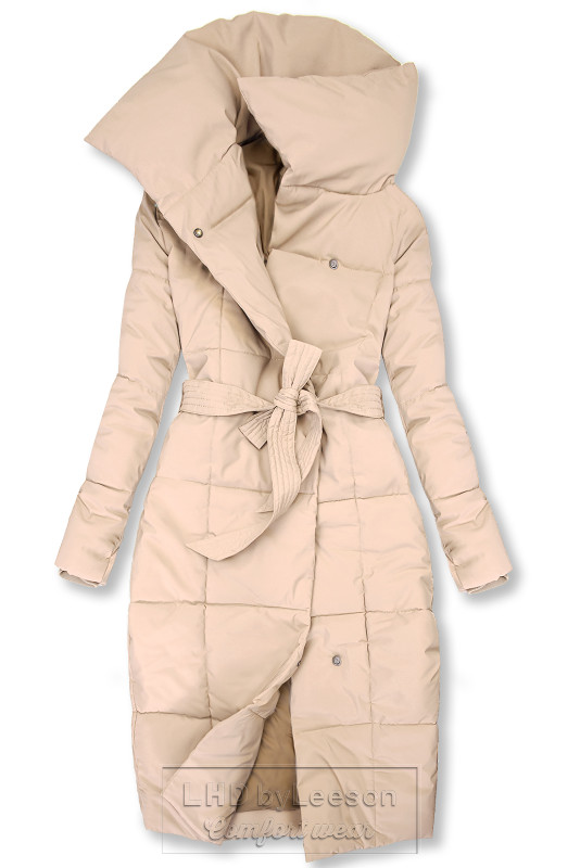 Jasnobeżowa pikowana kurtka zimowa z paskiem