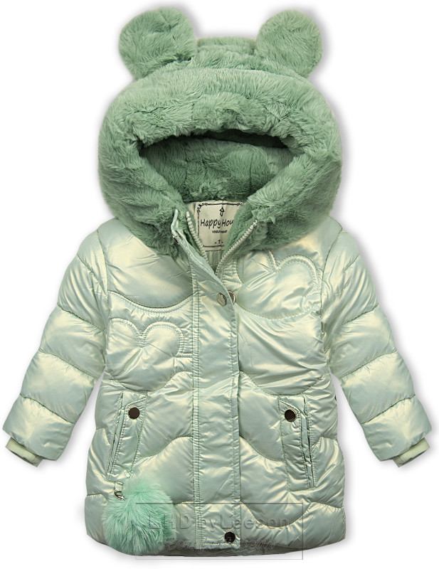 Mentolowo - zielona zimowa kurtka z futrzanym kapturem