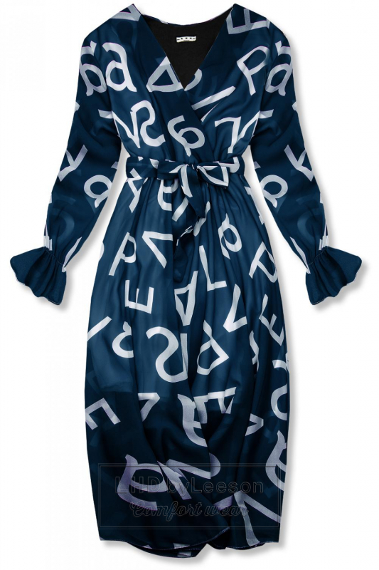 Granatowa midi sukienka z nadrukiem w motywie liter