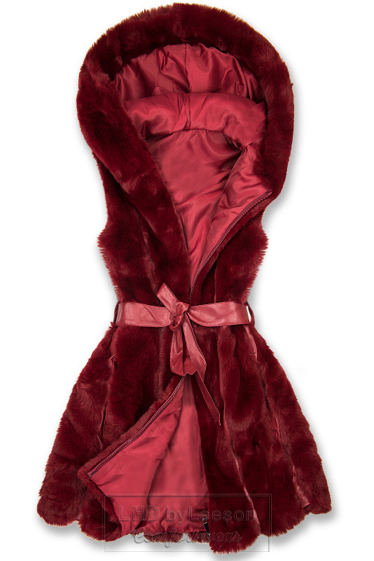 Winowo-czerwona futerkowa kamizelka z paskiem