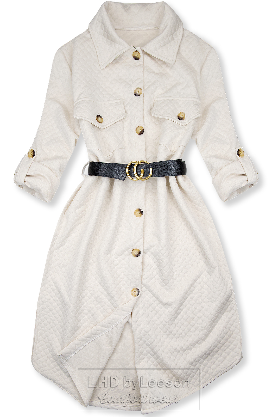 Kremowo-biała pikowana sukienka z paskiem