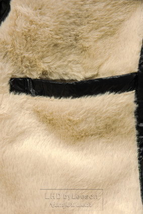 Czarno-beżowa błyszcząca kurtka zimowa z paskiem