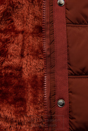 Ceglasto-brązowa kurtka zimowa z pluszem i futerkiem