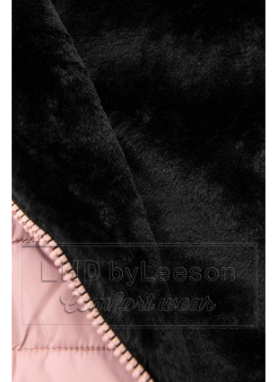 Różowa ocieplana czarnym pluszem kurtka z przeszyciami