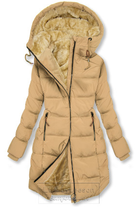 Piaskowo-brązowa pikowana kurtka zimowa z kapturem