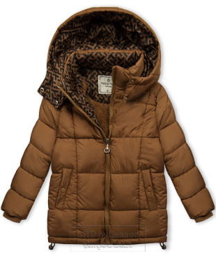 Karmelowo- brązowa zimowa kurtka z wzorzystą podszewką