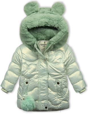Mentolowo - zielona zimowa kurtka z futrzanym kapturem