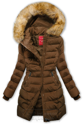 Czekoladowo-brązowa pikowana zimowa kurtka z futerkiem