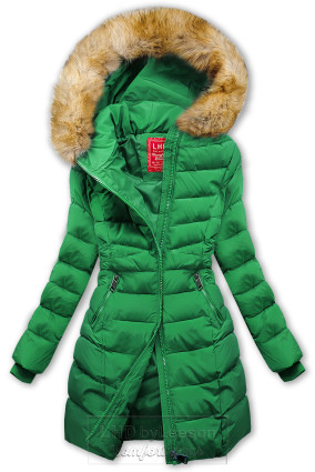 Zielona pikowana zimowa kurtka z futerkiem
