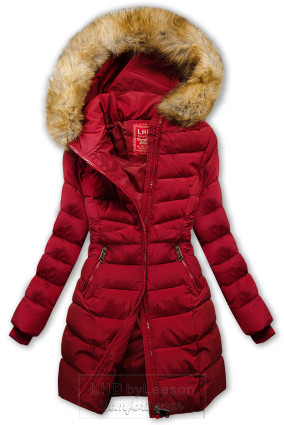 Winowo-czerwona pikowana  zimowa kurtka z futerkiem