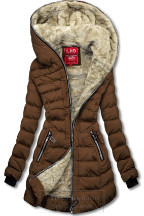 Zimowa pikowana kurtka z kapturem czekoladowo-brązowa