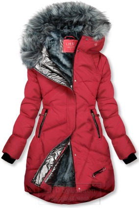 Czerwona kurtka zimowa ze srebrnym obszyciem