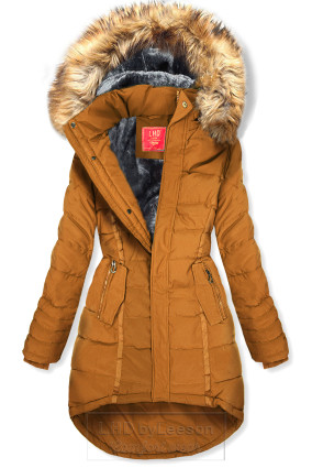 Karmelowa pikowana kurtka zimowa z kapturem