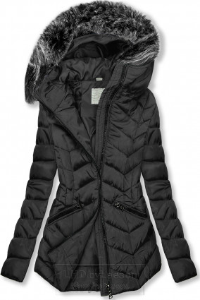 Czarna pikowana kurtka zimowa ze sztucznym futerkiem