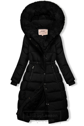 Czarna pikowana zimowa kurtka ze ściągaczem w pasie