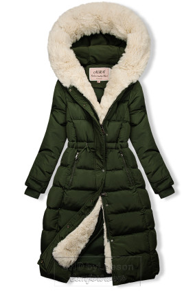 Khaki/kremowa pikowana zimowa kurtka ze ściągaczem w pasie