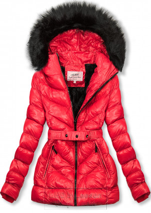 Czerwona krótka kurtka zimowa z czarnym futerkiem