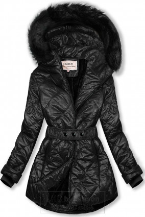 Czarna błyszcząca kurtka zimowa z paskiem