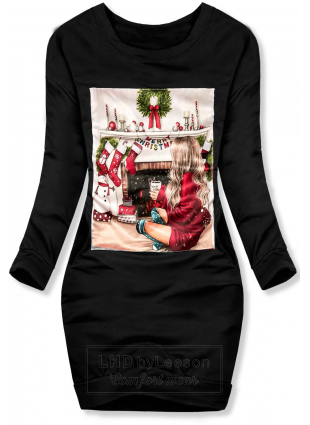 Czarna sukienka z dresówki ze świątecznym motywem