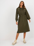 Khaki midi rozkloszowana sukienka dresowa z guzikami