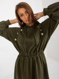 Khaki midi rozkloszowana sukienka dresowa z guzikami