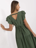 Khaki rozkloszowana sukienka z dekoltem w kształcie V