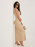 Beżowa ołówkowa sukienka midi bez rękawów