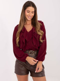 Elegancka bordowa bluzka z żabotem i bufiastymi rękawami