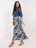 Elegancka spódnica midi w kwiaty z paskiem, ciemny niebieski