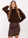 Elegancka mini spódnica z ekoskóry z koronką, brązowa