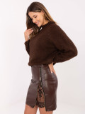 Elegancka mini spódnica z ekoskóry z koronką, brązowa