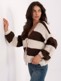 Brązowy sweter w paski z wiązaniem i bufiastym rękawem