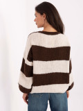 Brązowy sweter w paski z wiązaniem i bufiastym rękawem