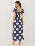 Granatowa maxi sukienka w grochy hiszpanka