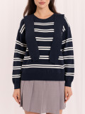 Granatowy sweter w paski z okrągłym dekoltem