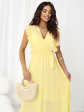 Żółta rozkloszowana sukienka midi z paskiem