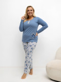 Niebieska damska piżama w kwiaty z długim rękawem