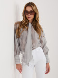 Szara koszula w paski z wiązaniem i bufiastymi rękawami