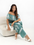 Boho komplet z bluzką i spodniami w turkusie