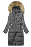 Szara długa kurtka zimowa z futerkiem