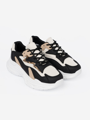 Czarno-beżowe sneakersy damskie na grubej podeszwie