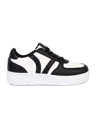 Stylowe czarno-białe sneakersy z brokatowymi wstawkami