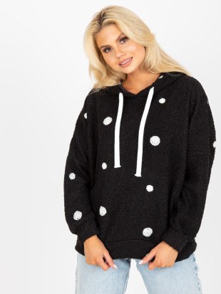 Czarna futrzana bluza w grochy z kapturem