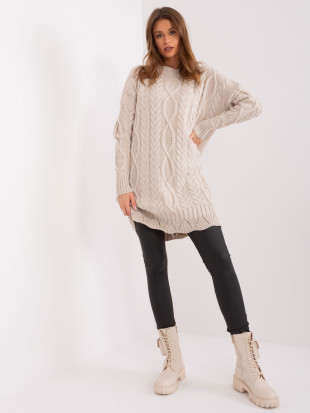 Béżowa midi sukienka z długim rękawem