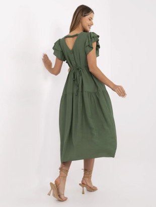 Khaki rozkloszowana sukienka z dekoltem w kształcie V