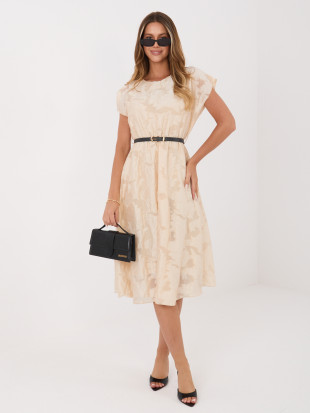 Beżowa rozkloszowana sukienka midi z paskiem